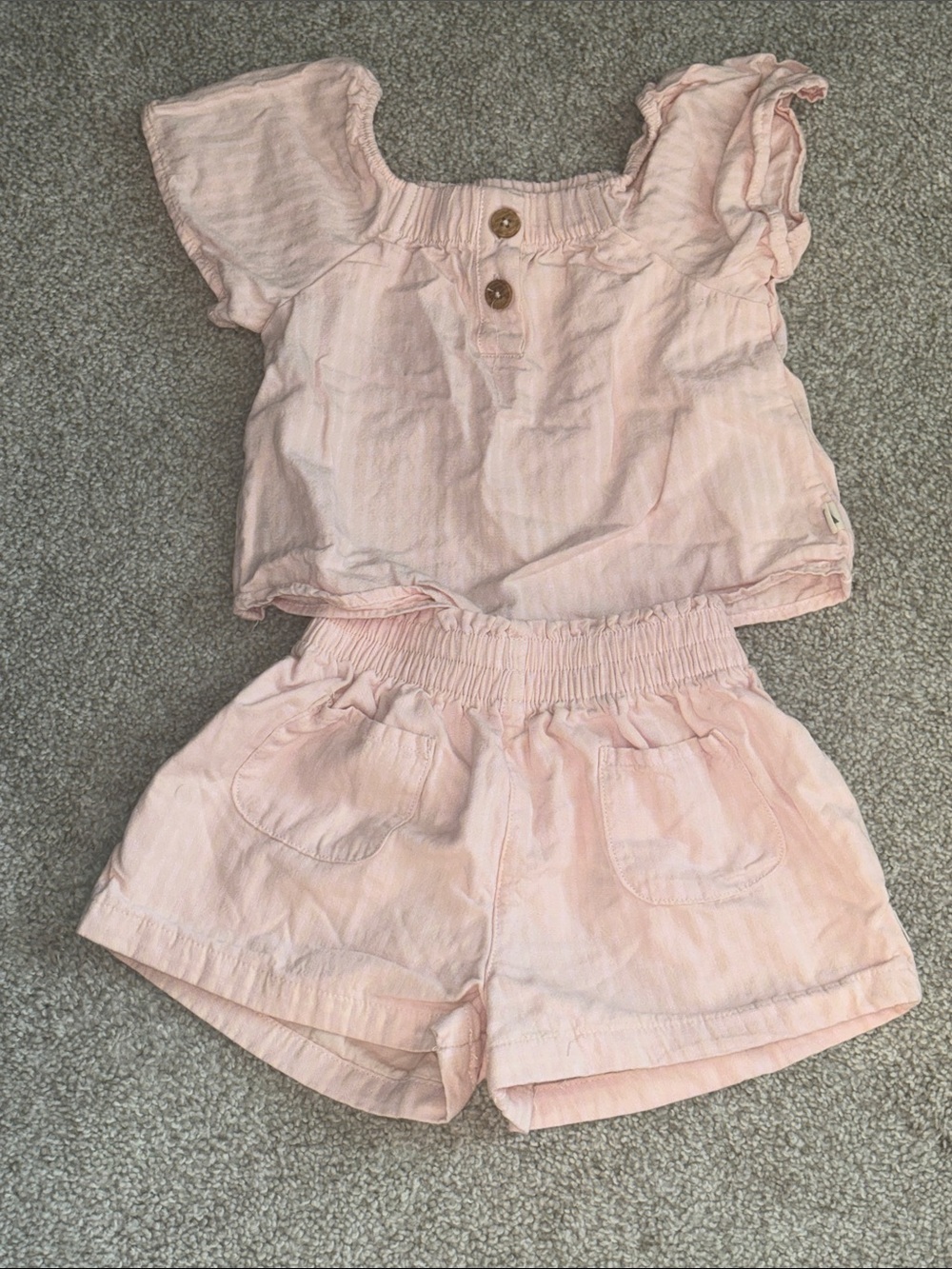 Kids Pink Two-Piece Top & Shorts Set Pinstripe with Pink and Khaki